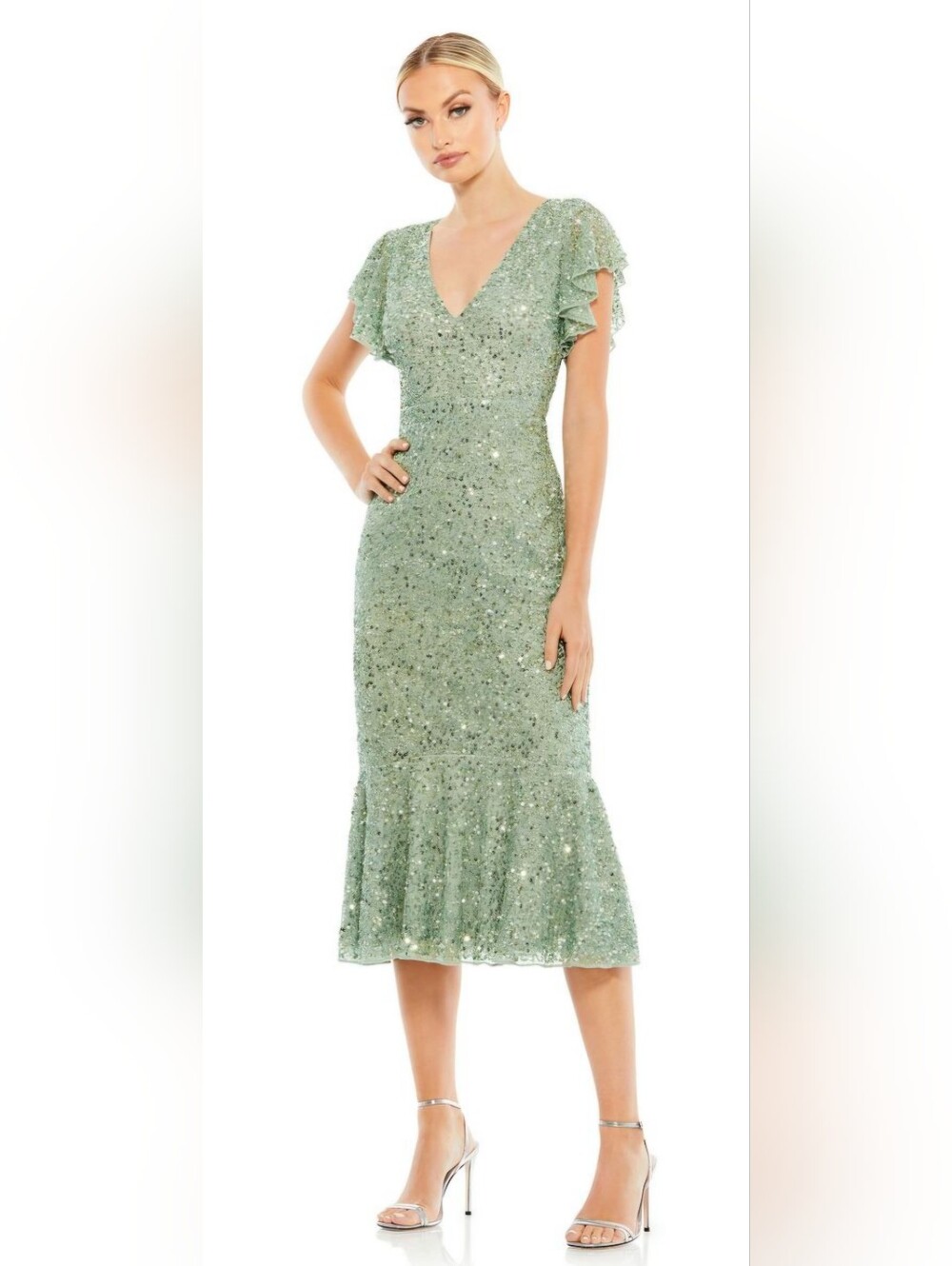 Mac Duggal 10801 Sequin Mint Green V-Neck Midi Dress Size 2
